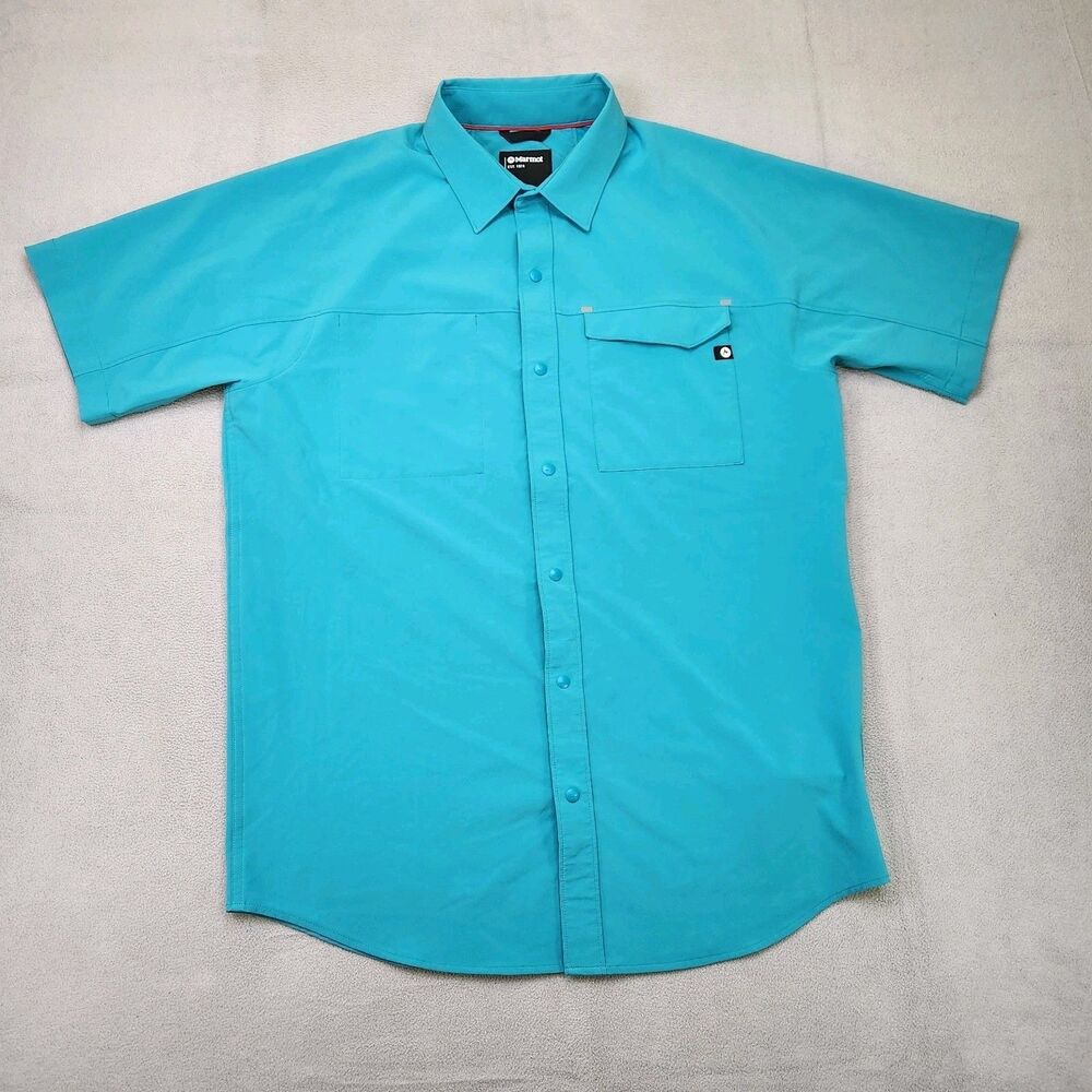 Marmot Snap Shirt Men's M Blue Short Sleeve Performance Stretch Pocket Outdoor